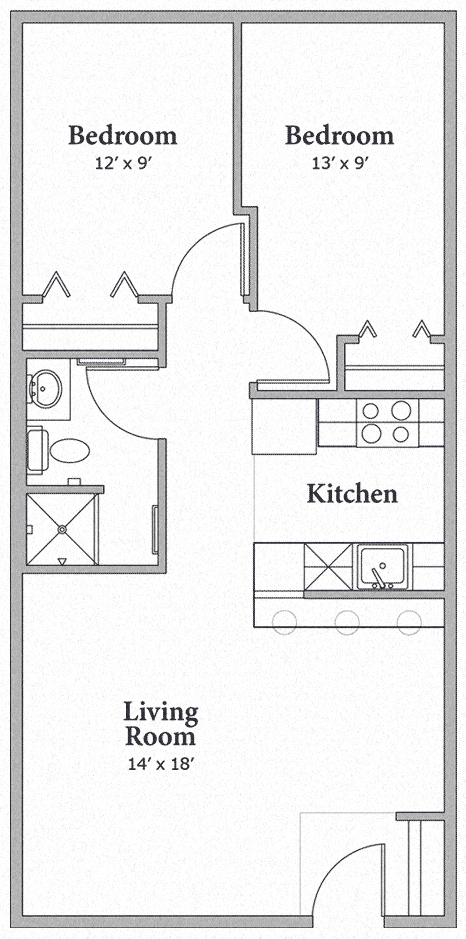 Floor plan for 2 beds, 1 bath, 685 sqft